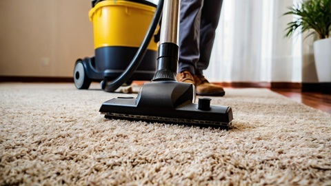 Professional cleaner performing carpet cleaning for an Australian residential property