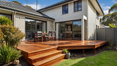 Professional carpenter installing timber decking in modern Australian outdoor space